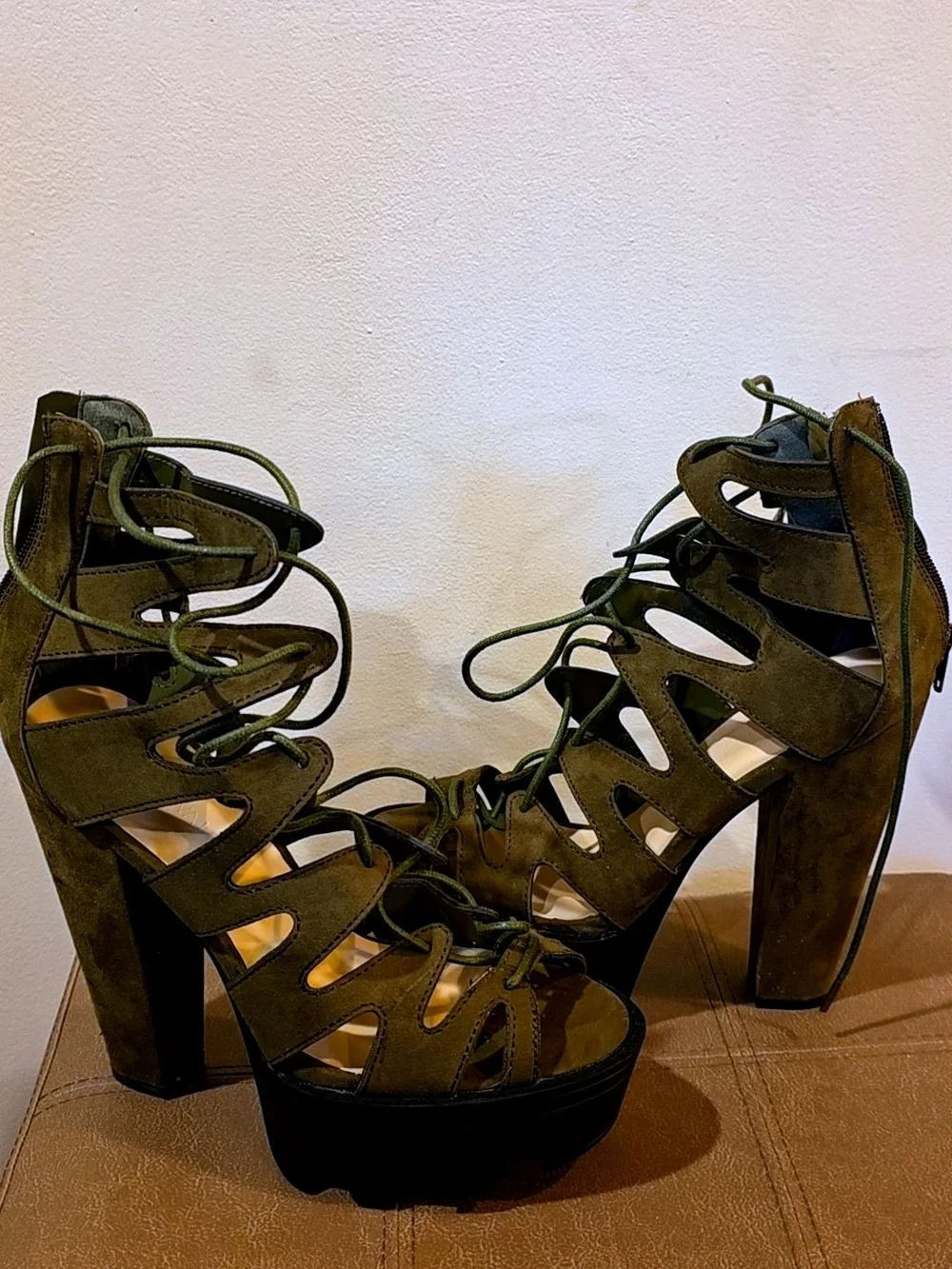 Lace-Up Cutout Platform Heeled Sandals - Olive Green